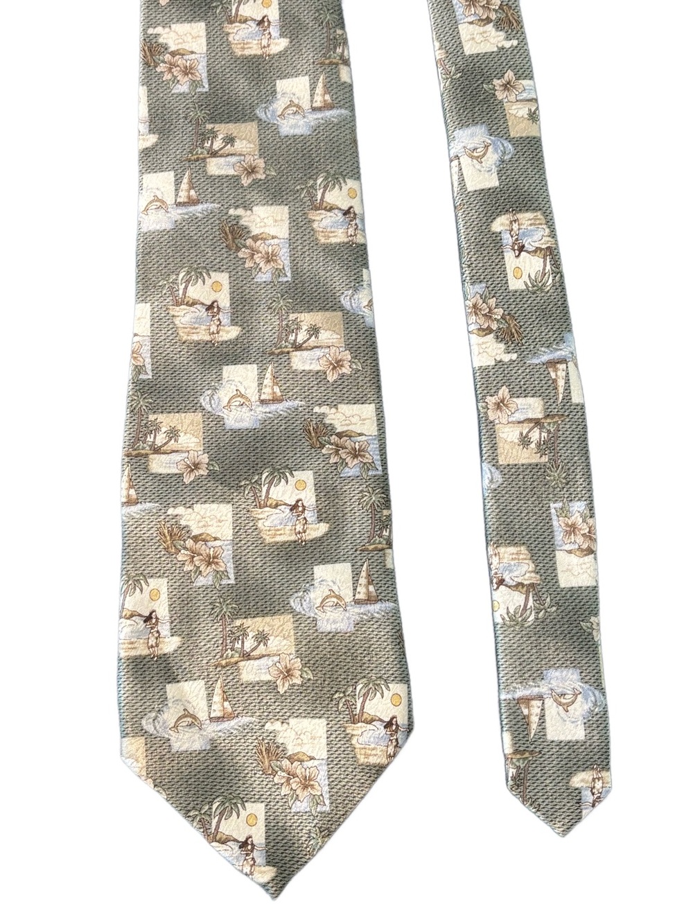 STAFFORD Extra Long Light Olive Green w/ Hawaii Hula Girl, Boats, Palms Silk Tie